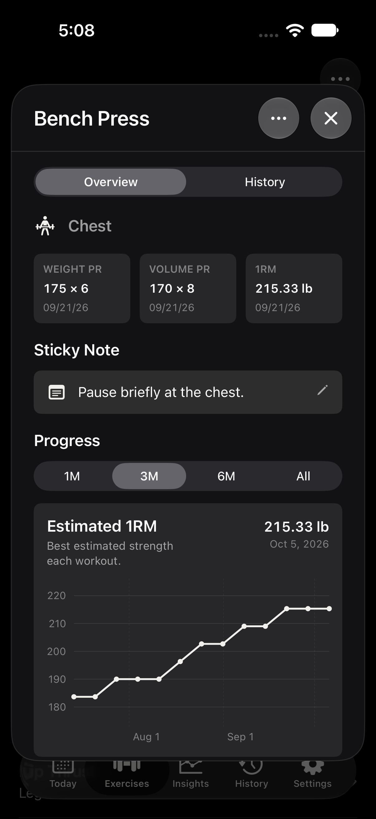 JustSets Bench Press details showing personal records, a sticky note, and a strength progress chart.