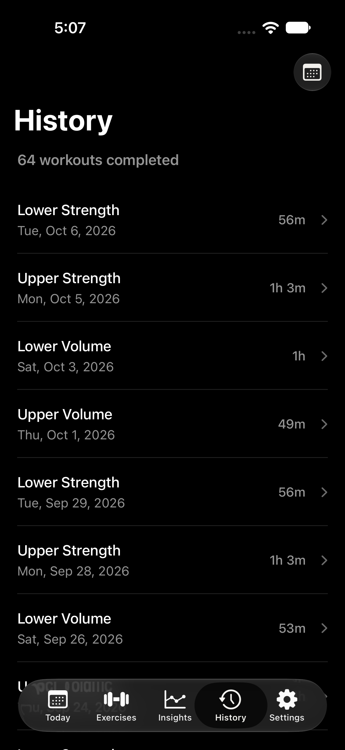 JustSets History screen showing completed workouts.