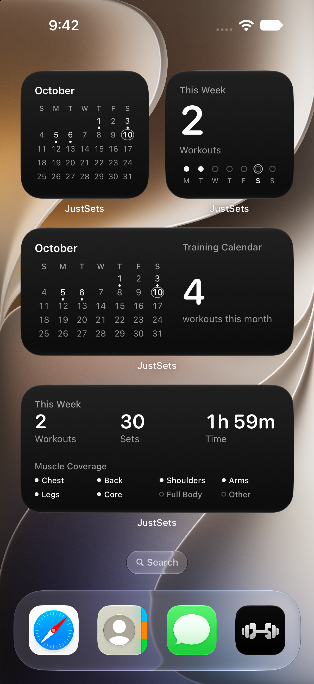 JustSets This Week and Training Calendar widgets in small and medium sizes on an iPhone Home Screen.