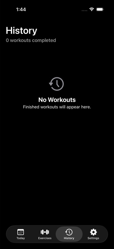 JustSets History screen showing the completed workout area.